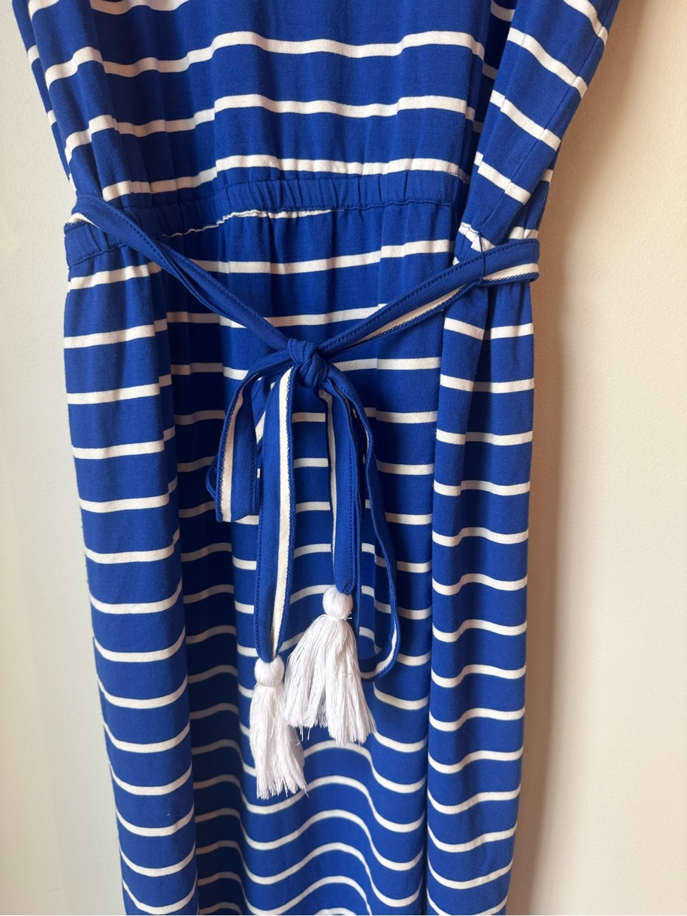 Appleseed's Blue and White Striped Tie-Waist Midi embroidered Dress - Picture 3 of 10